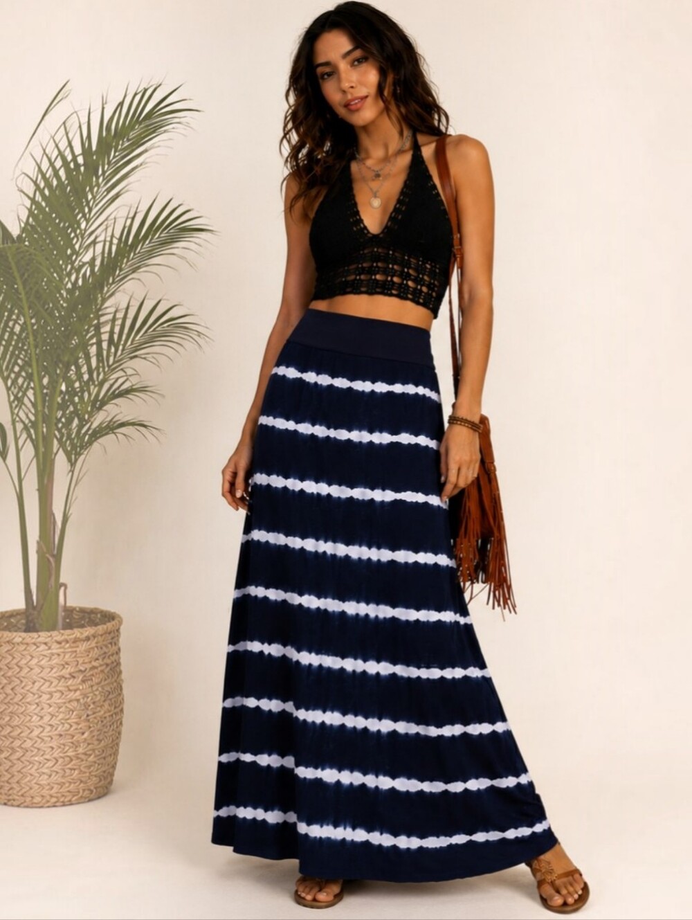 Kensie Black & White Watercolor Tie-Dye Stripe Maxi Skirt Size Large NWT